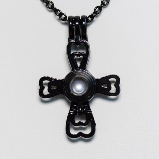 Silver Plated Black Heart Cross Cage Pendant