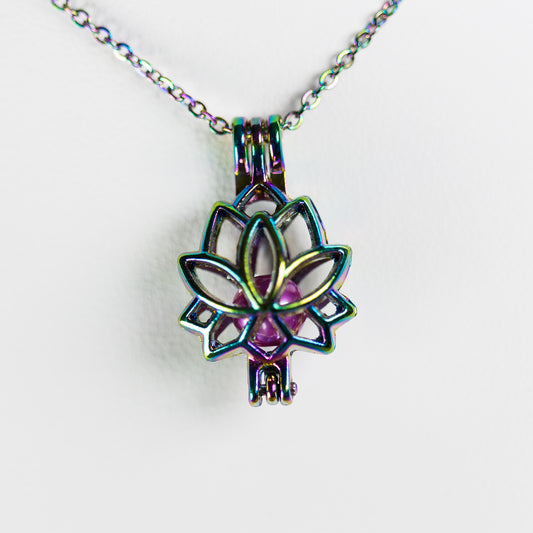 Silver Plated Rainbow Lotus Cage Pendant
