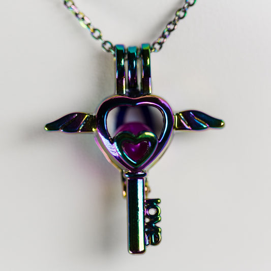 Silver Plated Rainbow Key To My Heart Cage Pendant