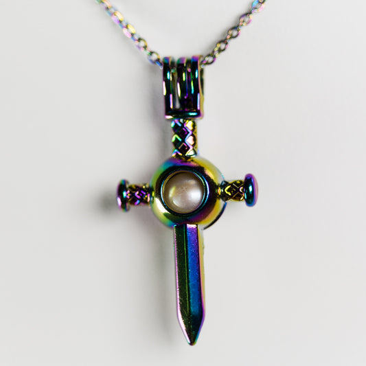 Silver Plated Rainbow Sword Cage Pendant